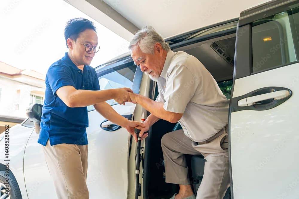 Caregiver assisting an older adult exiting a vehicle safely